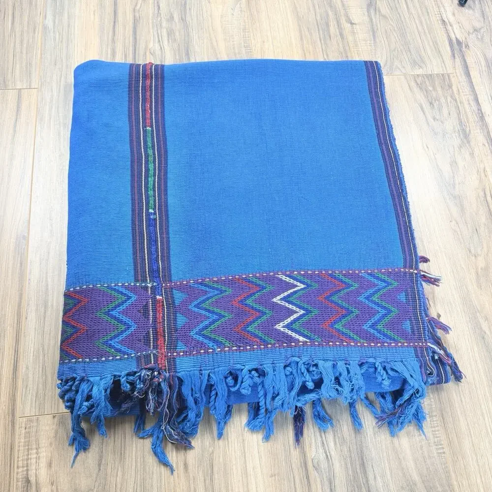 Guatemalan Woven Blanket Throw Textile Blue Fringe Traditional 82” x 88”